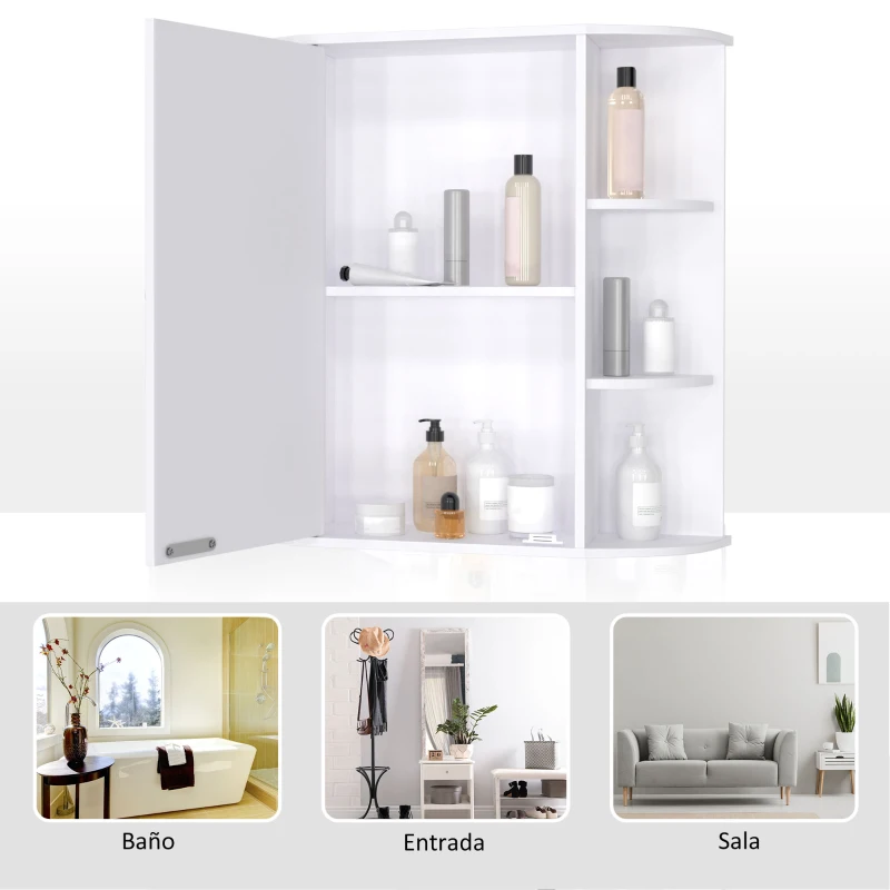 HOMCOM Armario de Baño con Espejo Mueble Colgante de Aseo con 1 Puerta 2 Estantes Interiores y 6 Estantes Laterales para Salón Cocina Dormitorio 66x17x63 cm Blanco