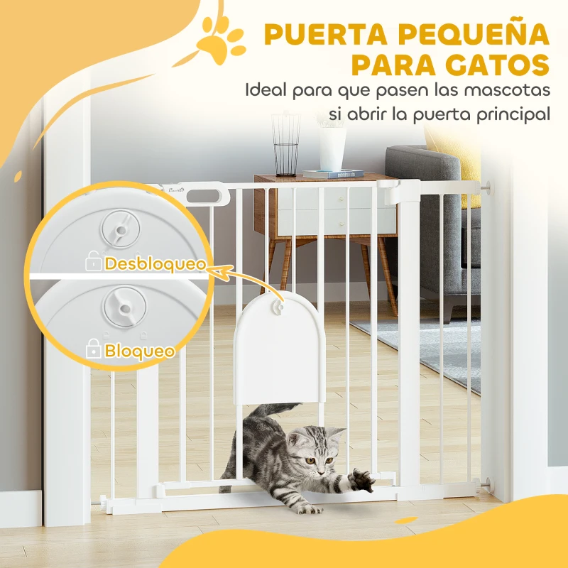 PawHut Barrera de Seguridad para Perros Mascotas 75-103 cm para Escaleras y Puertas con 2 Extensiones Cierre Automático y Sistema de Doble Bloqueo Blanco