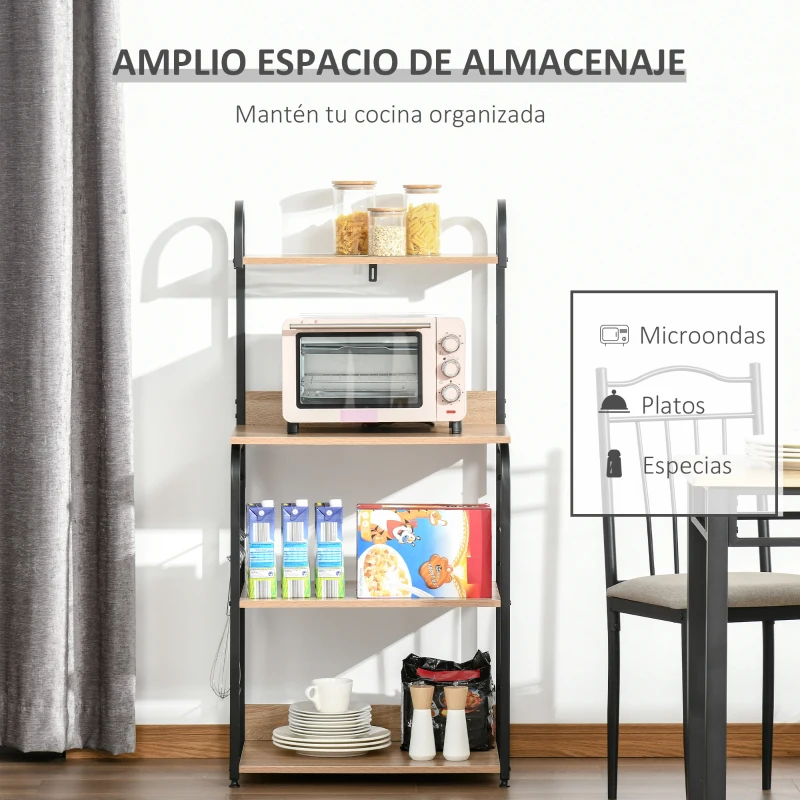 HOMCOM Estantería de Cocina de 4 Niveles con Ganchos Estantería para Microondas 60x40x125 cm Madera Natural
