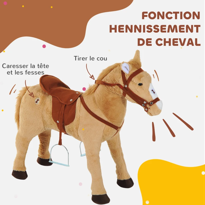 HOMCOM Cheval debout en peluche pour enfant à partir de 2 ans avec effets sonores selle et bride 85 cm (longueur) beige(m-5)