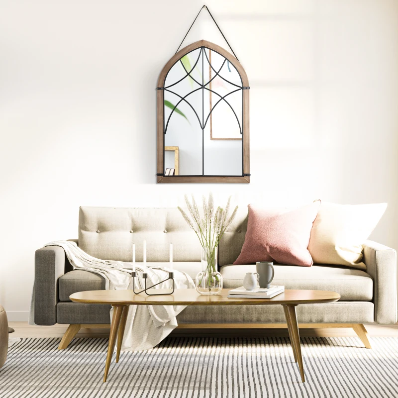 HOMCOM Espejo Decorativo de Pared de Madera 93x60 cm Espejo de Ventana con 2 Ganchos Estilo Vintage para Salón Dormitorio Comedor Entrada Marrón