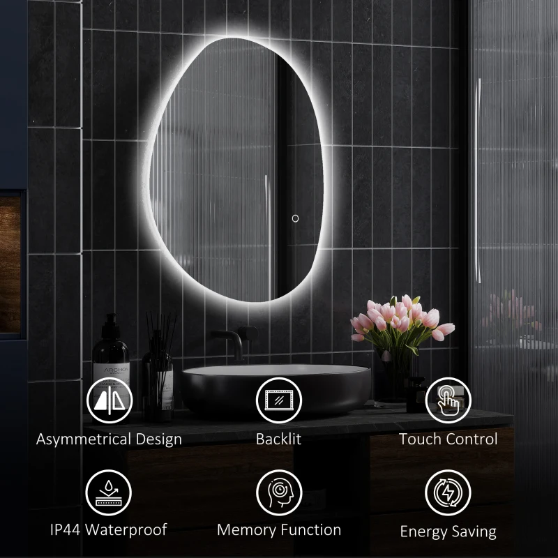 HOMCOM Asymetryczne lustro łazienkowe 70 x 50 cm z oświetleniem LED, dotykowym przełącznikiem, funkcją przeciw zaparowani i srebrnym wykończeniem