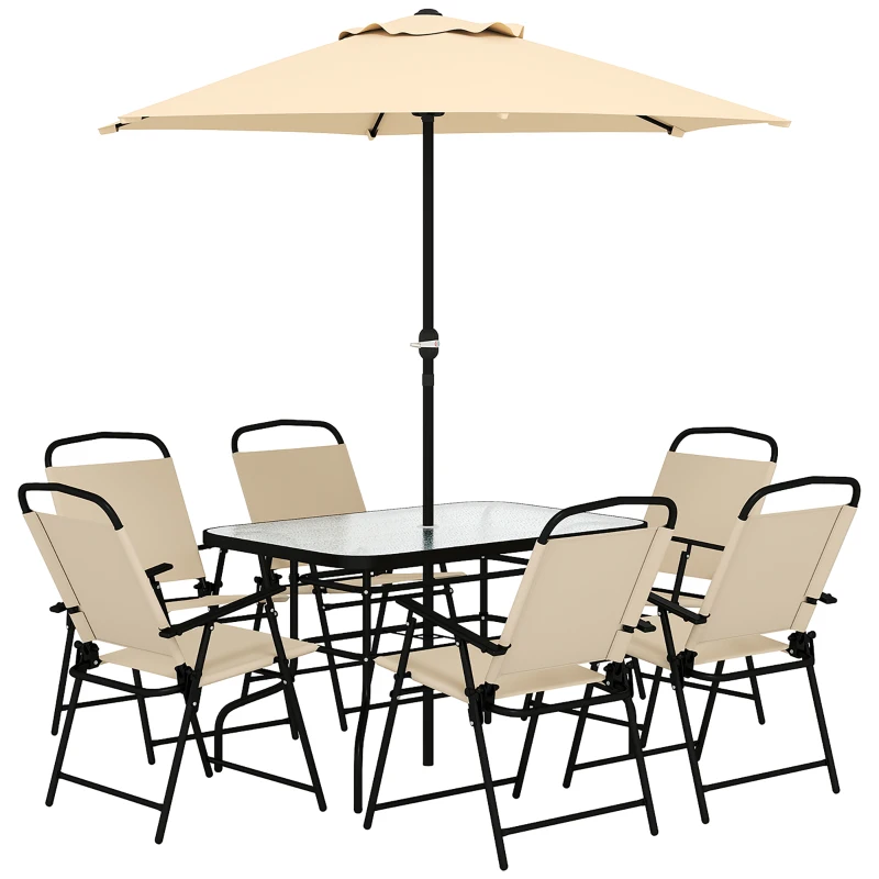 Outsunny 8 Pieces Garden Dining Set with Umbrella, Patio Sets with Parasol with 6 Foldable Chairs, Glass Top Table, and Sun Parasol, Beige