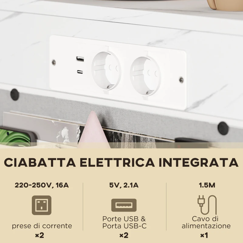 HOMCOM Tavolino da Salotto a Forma di C Effetto Marmo con Prese di Corrente e USB Integrate, Bianco
