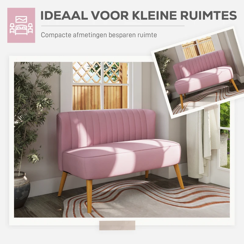 HOMCOM Sofa Retrodesign 2-zitsbank, houten poten, 117 cm x 56,5 cm x 77 cm, Roze(m-5)