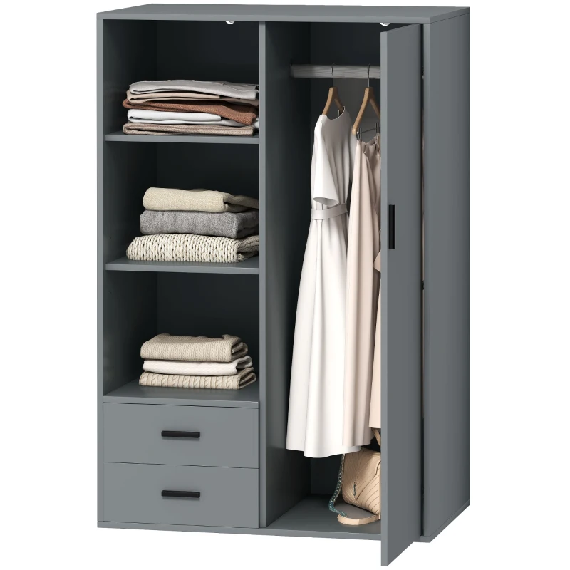HOMCOM Armadio Moderno con 2 Cassetti, Ripiani Aperti e Vano Appendiabiti, 80x50x124 cm, Grigio Scuro