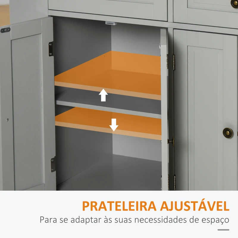 HOMCOM Ilha de Cozinha com Rodas 2 Gavetas 4 Portas Suporte para Temperos e Barra Lateral 111x44,5x82,5 cm Cinzento e Madeira