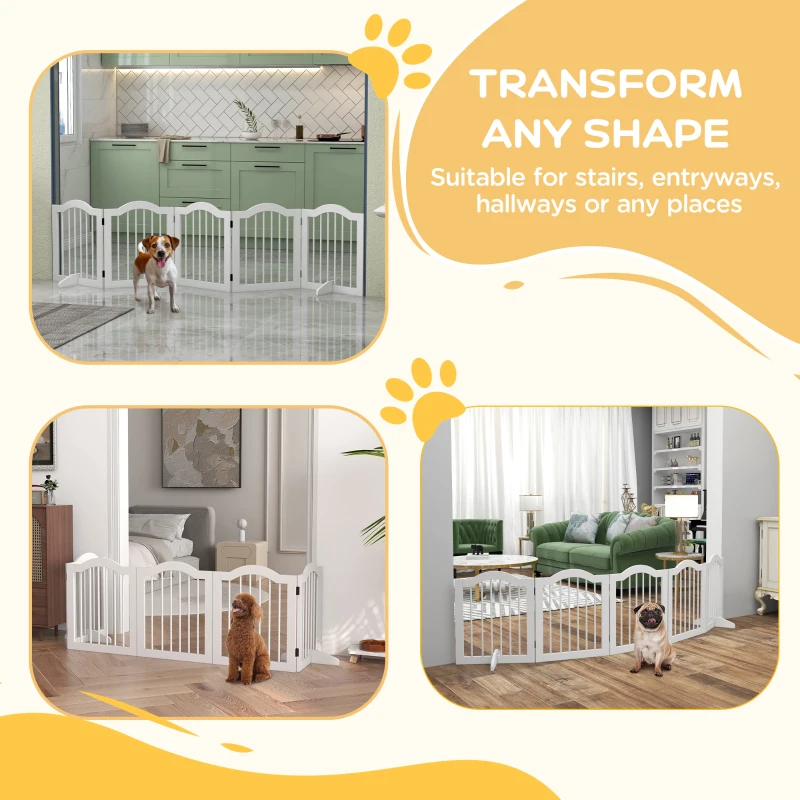 PawHut Bramka dla psów, 5 paneli, składana, elastyczna, Drewno lite/MDF, 254,5x29,5x61 cm, Biała