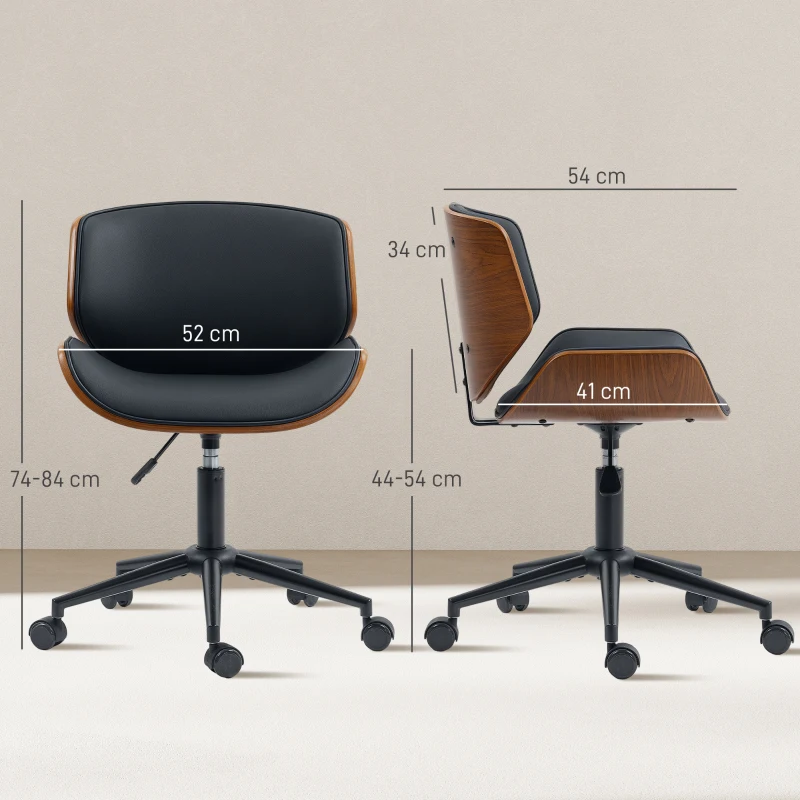 HOMCOM Silla de Escritorio sin Brazos Vintage Giratoria Tapizada en PU Madera Curvada Altura Ajustable Negro y Marrón