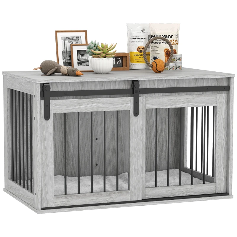 PawHut 98cm Dog Crate Furniture with Removable Cushion for Large Dogs - Grey