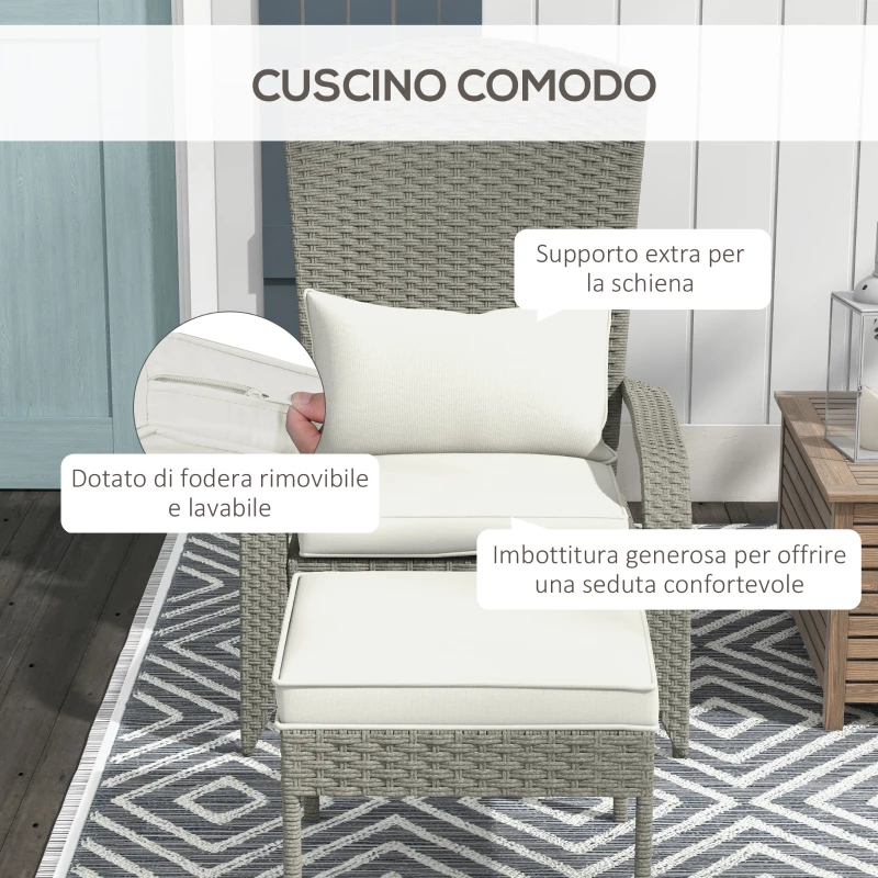 Outsunny Sedia da Giardino con Poggiapiedi e Cuscini Imbottiti, in Rattan e Acciaio, 64x82x89 cm, Grigio e Crema