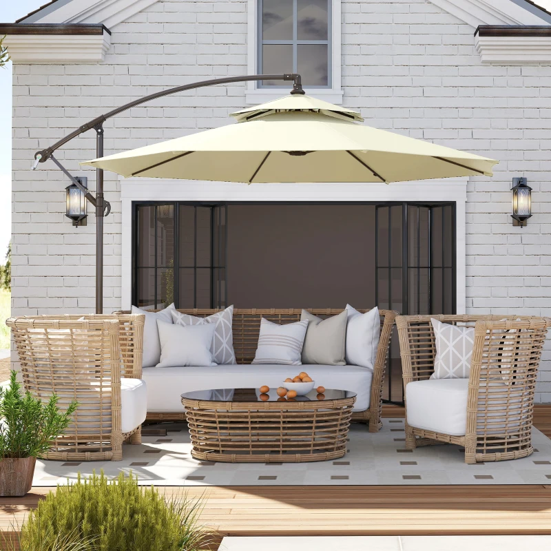 Outsunny 2.7m Garden Banana Parasol Cantilever Umbrella with Crank Handle, Double Tier Canopy and Cross Base for Outdoor, Hanging Sun Shade, Beige