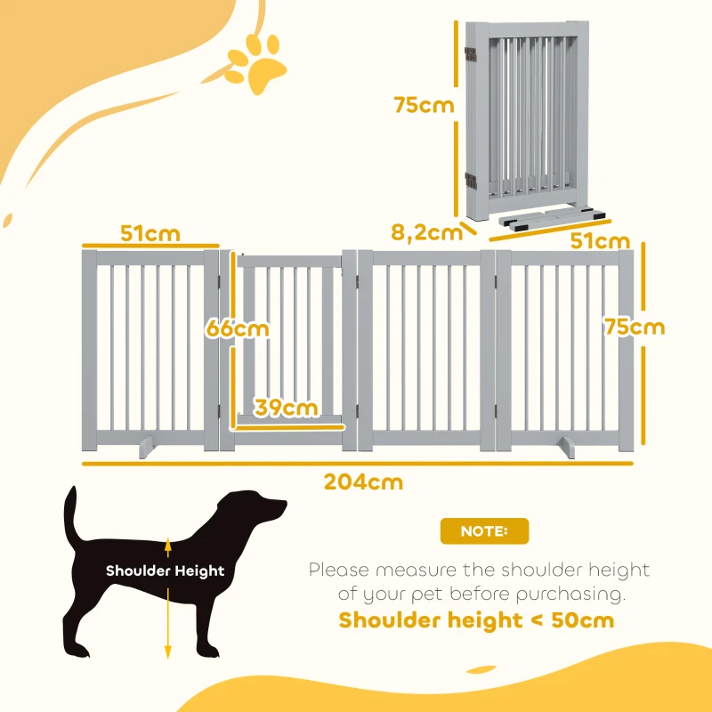 PawHut Wolnostojąca Bramka dla Psa, 4 Panele, Elastyczna, Drewno Sosnowe, 204Dł x 36S x 75W cm, Jasnoszary