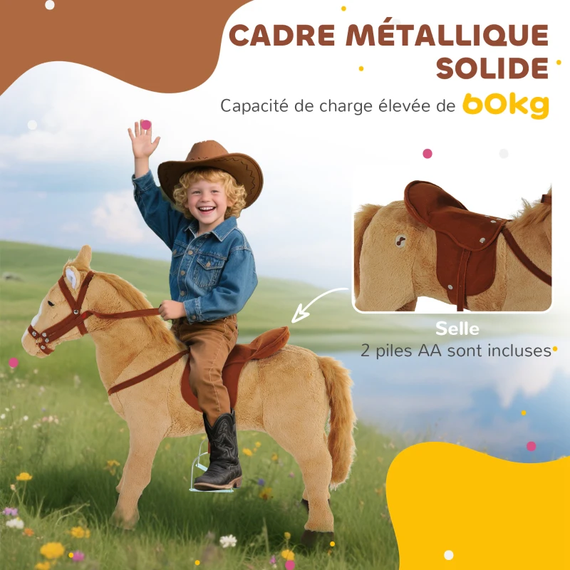 HOMCOM Cheval debout en peluche pour enfant à partir de 2 ans avec effets sonores selle et bride 85 cm (longueur) beige(m-6)