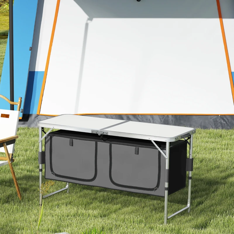 Outsunny Tavolino da Campeggio Picnic con Base per Cibi e Bevande Altezza Regolabile Pieghevole Alluminio, Legno 120x47x55/62/68cm