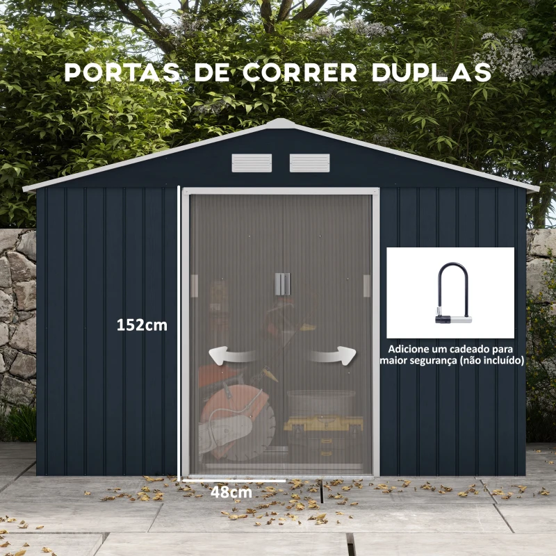 Outsunny Abrigo de Jardim Metálico para Armazenamento de Ferramentas com Base de Reforço Incluída e 4 Janelas 277x195x192cm Cinza Escuro