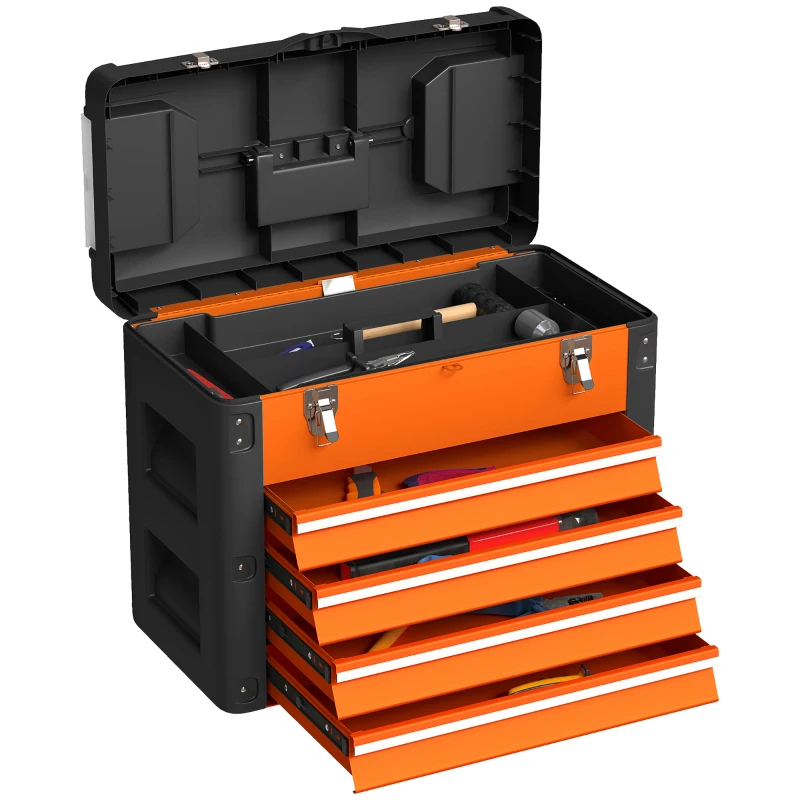 HOMCOM Werkzeugkiste leer, 49,7 x 25,3 x 40,7 cm Werkzeugkasten mit 4 Schubladen, Mini-Box Stahl Orange(m-10)