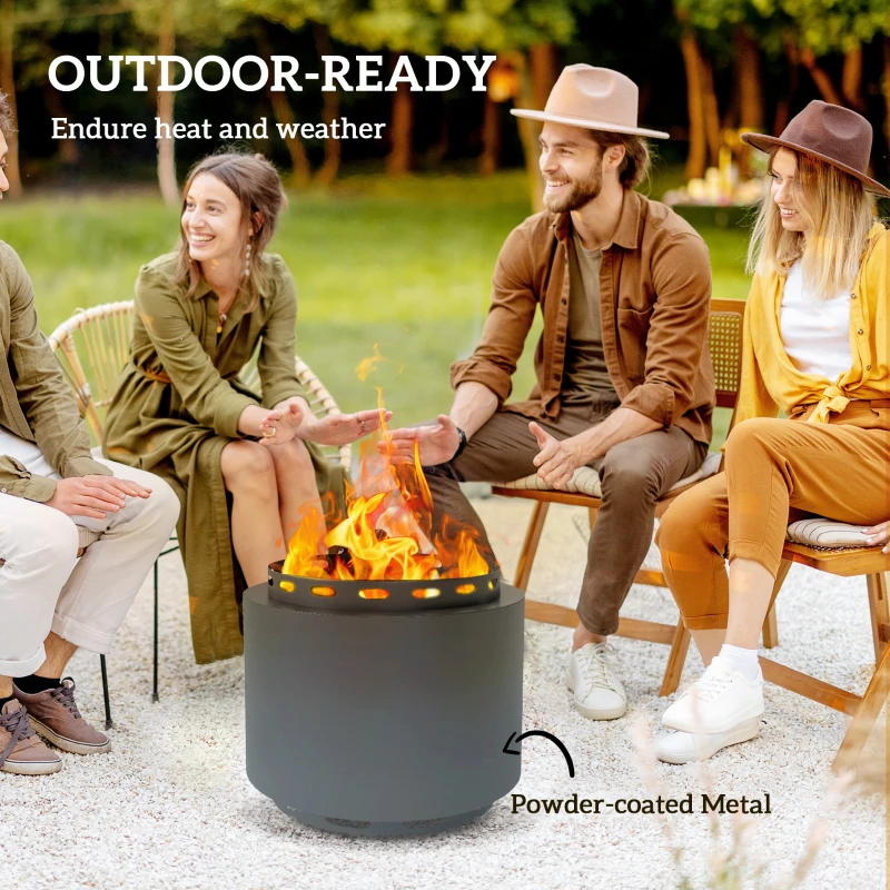 Outsunny Smokeless Fire Pit, 48.5cm Portable Wood Burning Firepit with Poker for Garden Camping Bonfire Party, Metal, Dark Grey