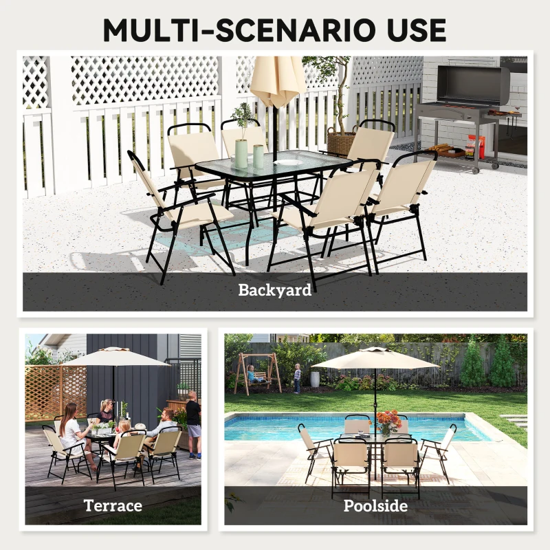 Outsunny 8 Pieces Garden Dining Set with Umbrella, Patio Sets with Parasol with 6 Foldable Chairs, Glass Top Table, and Sun Parasol, Beige