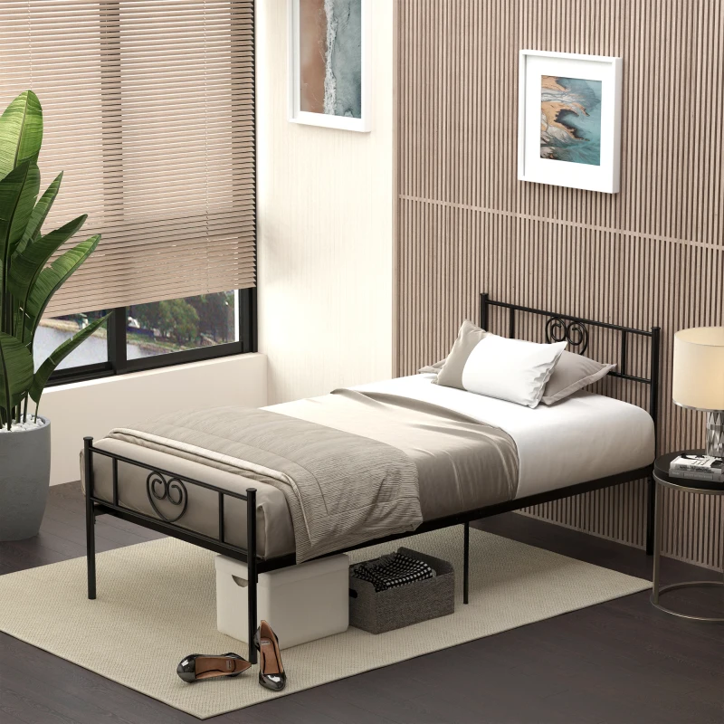 HOMCOM Marco de Cama Individual de Metal 31 cm para Colchón 90x190 cm con Cabecera Forma de Corazón Estructura de Cama con Espacio Bajo de Almacenamiento 95x196x100 cm Negro