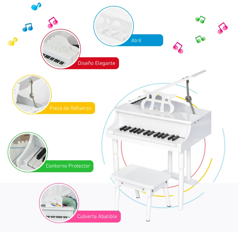 HOMCOM Piano de Cola Infantil de MDF con 30 Teclas Taburete y Atril de Partituras Piano para Niños Instrumento Musical Didáctico 52x50x49 cm Blanco