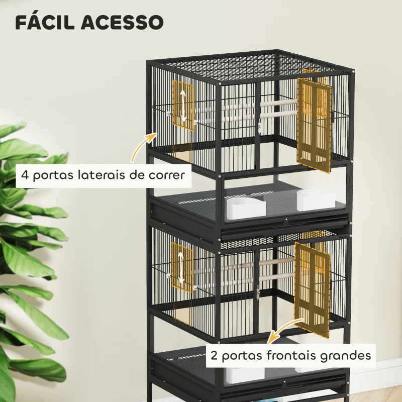 PawHut Gaiola para Pássaros de 2 Níveis com Rodas Painéis Acrílicos Comedouros Prateleira Bandejas Amovíveis  48x46x134,5 cm Preto