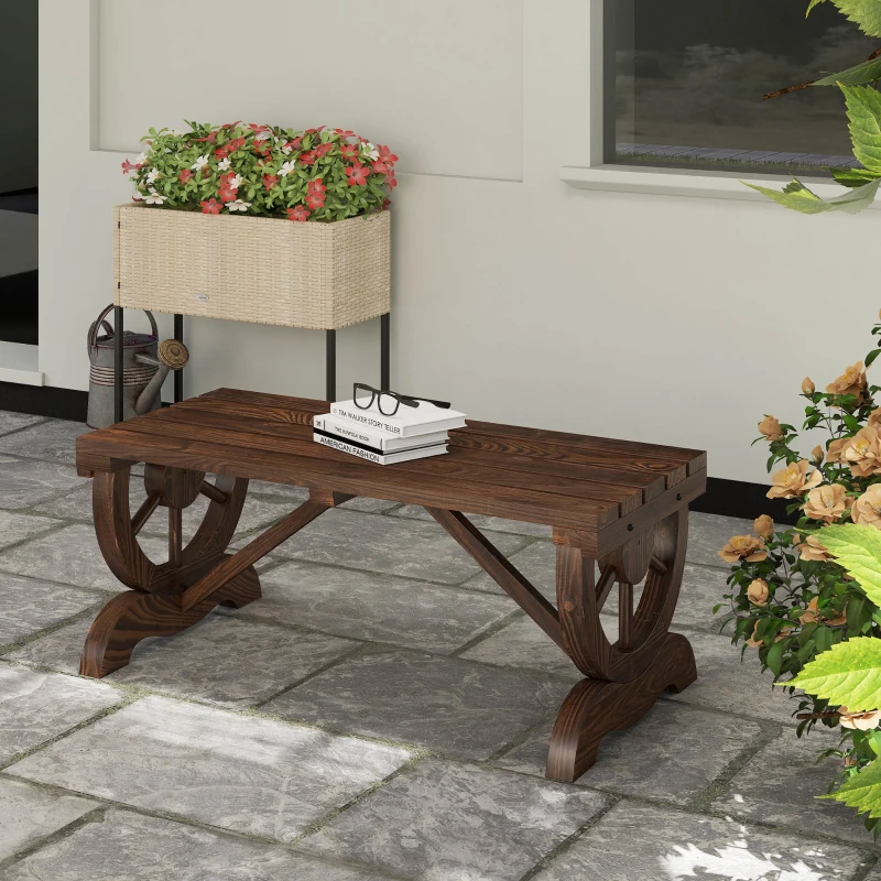 Outsunny Banc de jardin en bois avec assise à lattes, roue décorative, pour patio terrasse balcon arrière-cour, marron