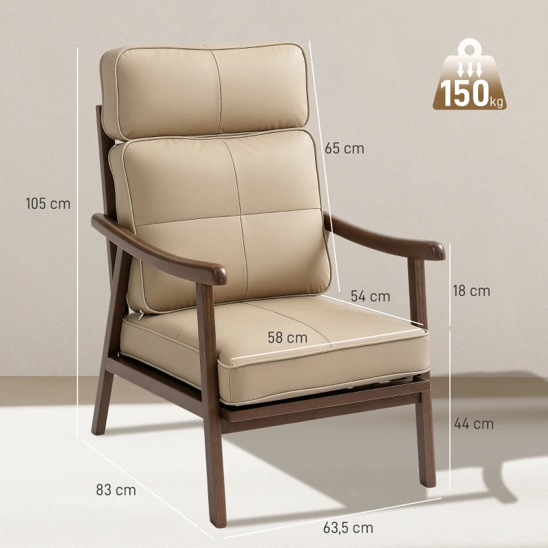 HOMCOM Sillón de Salón Tapizado en PU con Marco de Madera Cojines Acolchados Gruesos Caqui y Madera Nogal