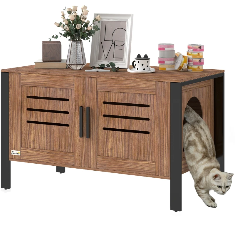 PawHut Cat Litter Box Enclosure with Tall Legs, Scratching Board, Double Doors, Ventilation Holes, 80 x 45 x 50 cm, Dark Brown