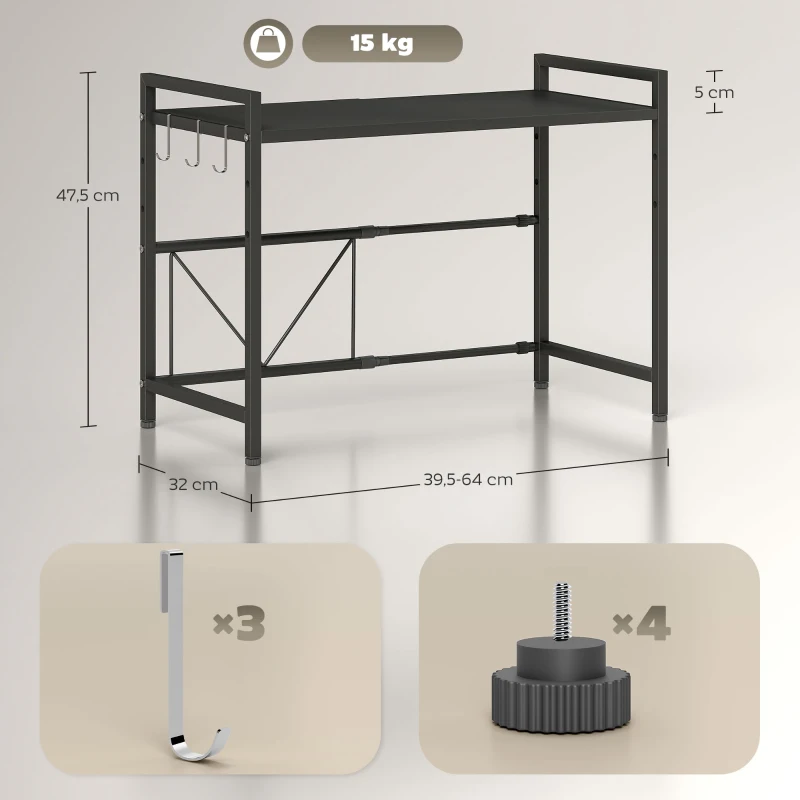 HOMCOM Półka na mikrofalówkę, rozszerzalna, 3 haki, metalowa, wysokość 40 cm, czarna
