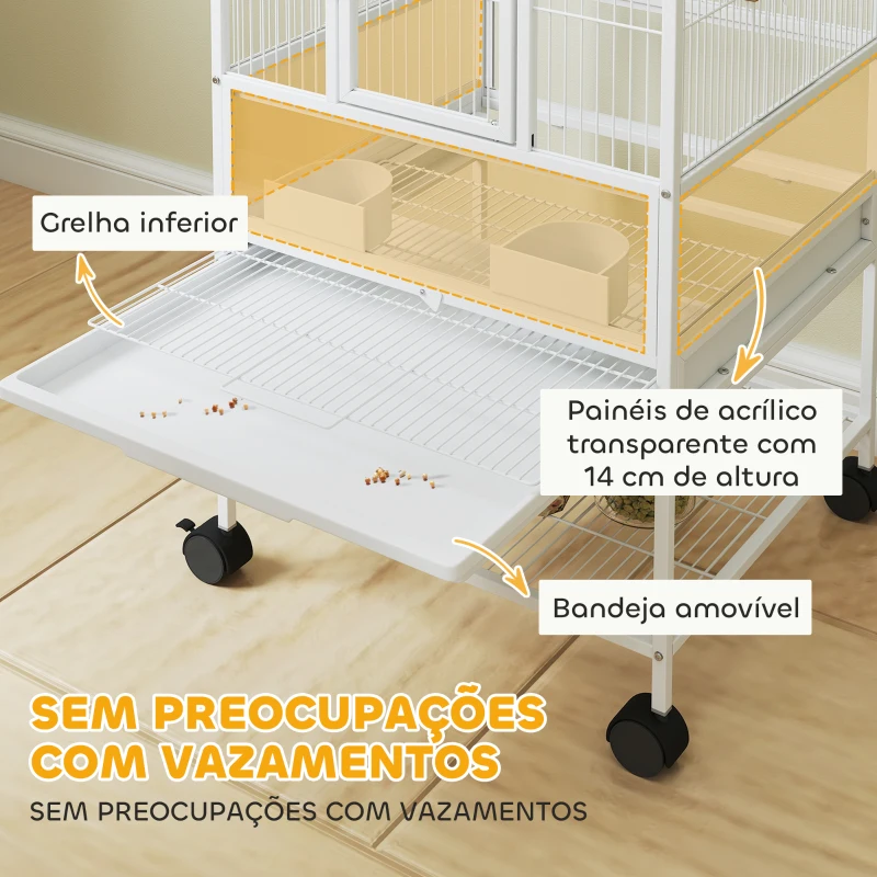 PawHut Gaiola para Pássaros de 2 Níveis com Rodas Painéis Acrílicos Comedouros Prateleira Bandejas Amovíveis  48x46x134,5 cm Branco