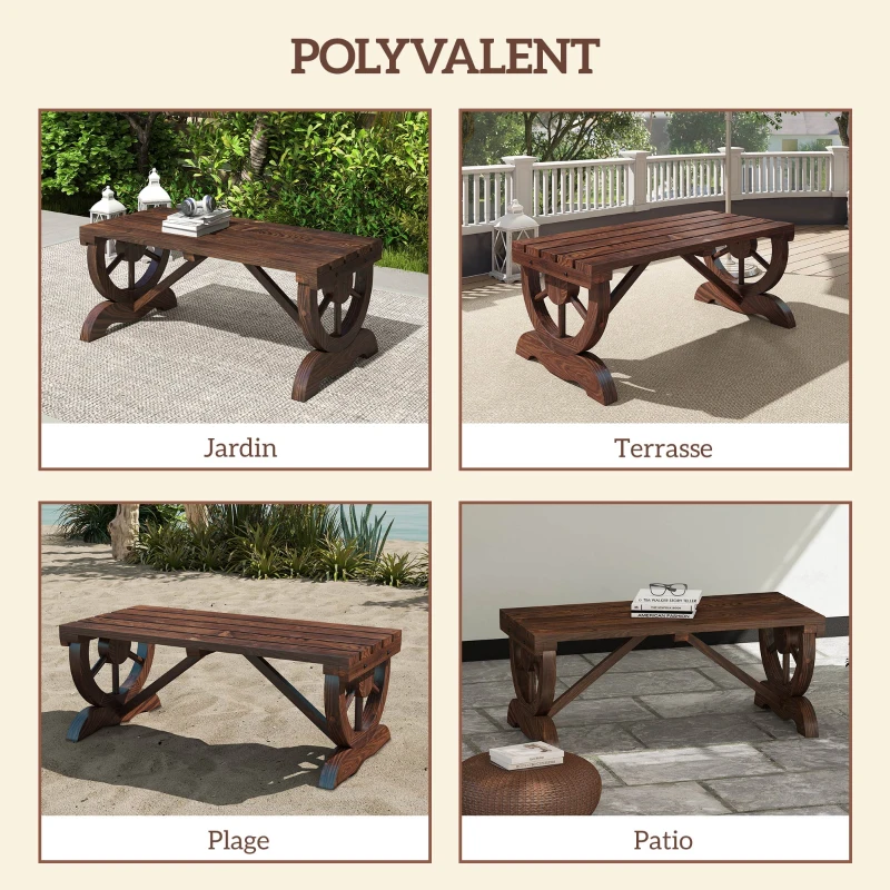 Outsunny Banc de jardin en bois avec assise à lattes, roue décorative, pour patio terrasse balcon arrière-cour, marron