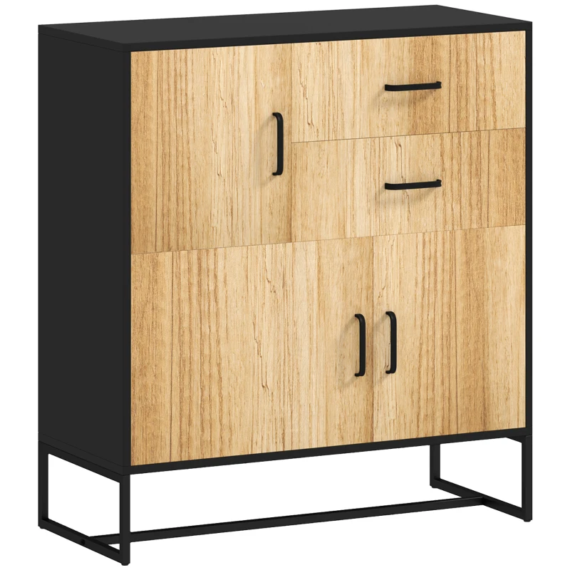 HOMCOM Bufet Modern de Depozitare cu 3 Dulapuri și 2 Sertare din Pal Melaminat și Oțel, 80x35x88 cm, Lemn Natural(m-11)