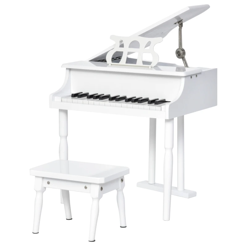 HOMCOM Piano de Cola Infantil de MDF con 30 Teclas Taburete y Atril de Partituras Piano para Niños Instrumento Musical Didáctico 52x50x49 cm Blanco