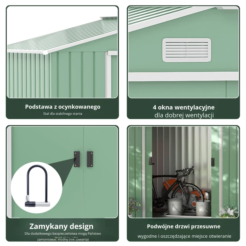 Outsunny Szop ogrodowy, 2 drzwi przesuwne, okna wentylacyjne, rama podłogowa z ocynkowanej stali, nierdzewna stal, jasnozielony, 2,13 x 1,30 x 1,85 m