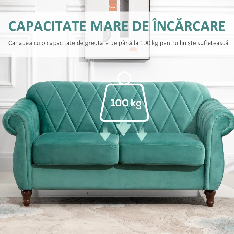 HOMCOM Canapea 2 locuri captusita invelita spuma de cauciuc picioare din lemn verde(m-6)