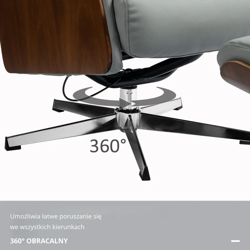 HOMCOM Fotel Wypoczynkowy z Podnóżkiem, Funkcja Leżenia, Obrotowy, Wygląd Skóry, do 150 kg, Jasnoszary