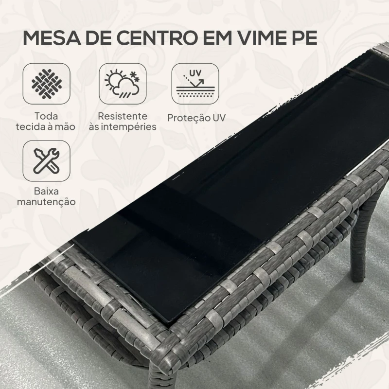 Outsunny Mesa de Vime Quadrada 50x50x45 cm Mesa de Jardim e Prateleira Tampo de Vidro Suporta 30 kg para Terraço Pátio Cinzento