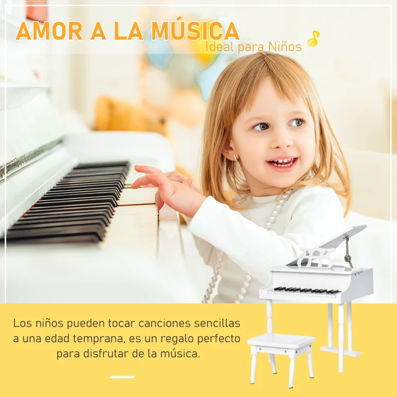 HOMCOM Piano de Cola Infantil de MDF con 30 Teclas Taburete y Atril de Partituras Piano para Niños Instrumento Musical Didáctico 52x50x49 cm Blanco