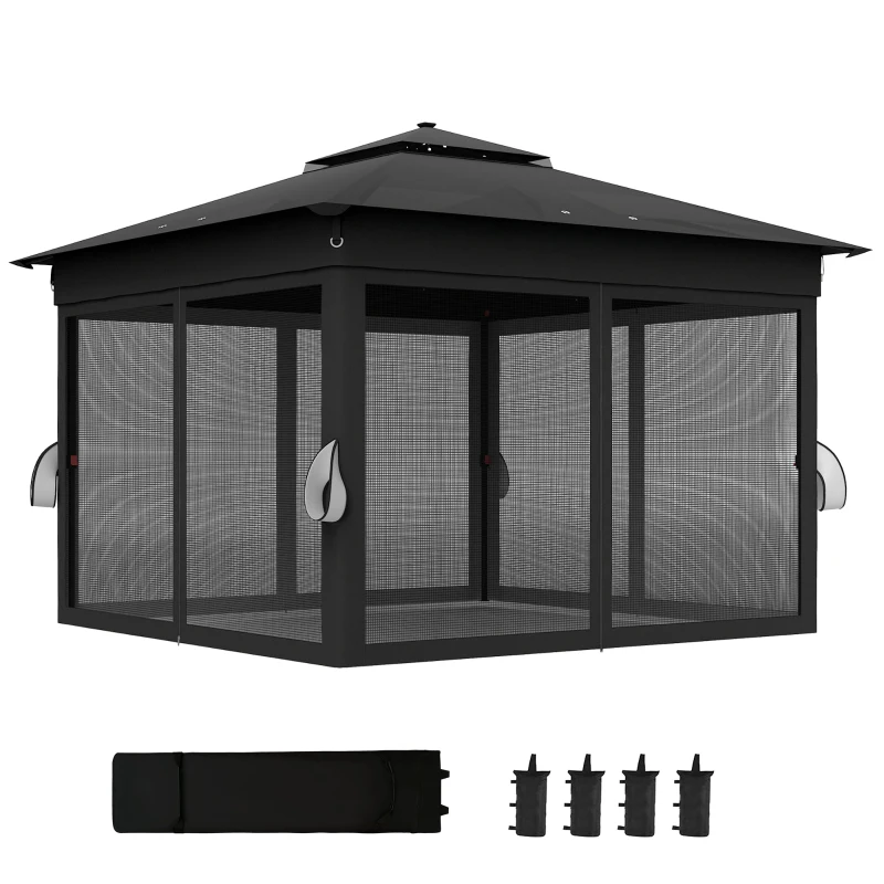 Outsunny 3.36 x 3.36m Pop Up Gazebo Party Tent with Solar-Powered LED Lights, Adjustable Event Shelter with Netting, Black