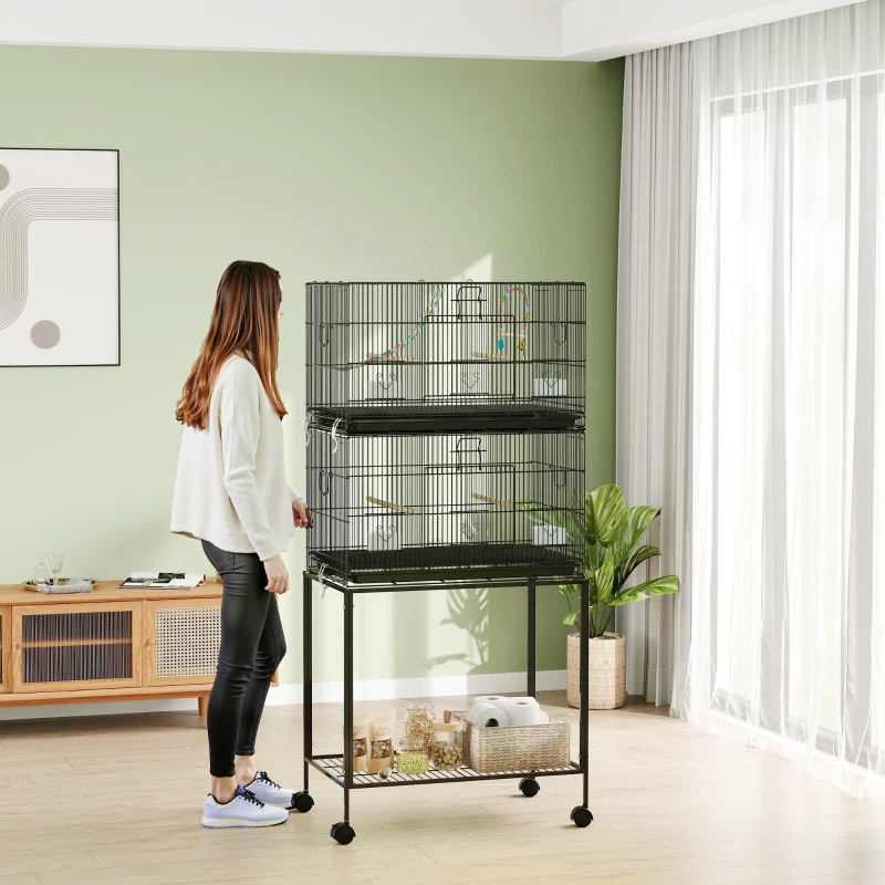 PawHut Gaiola Dupla e Empilhável para Pássaros 77x46x164 cm com Rodas Poleiros Bandeja Amovível Comedouros Baloiço e Escada Preto