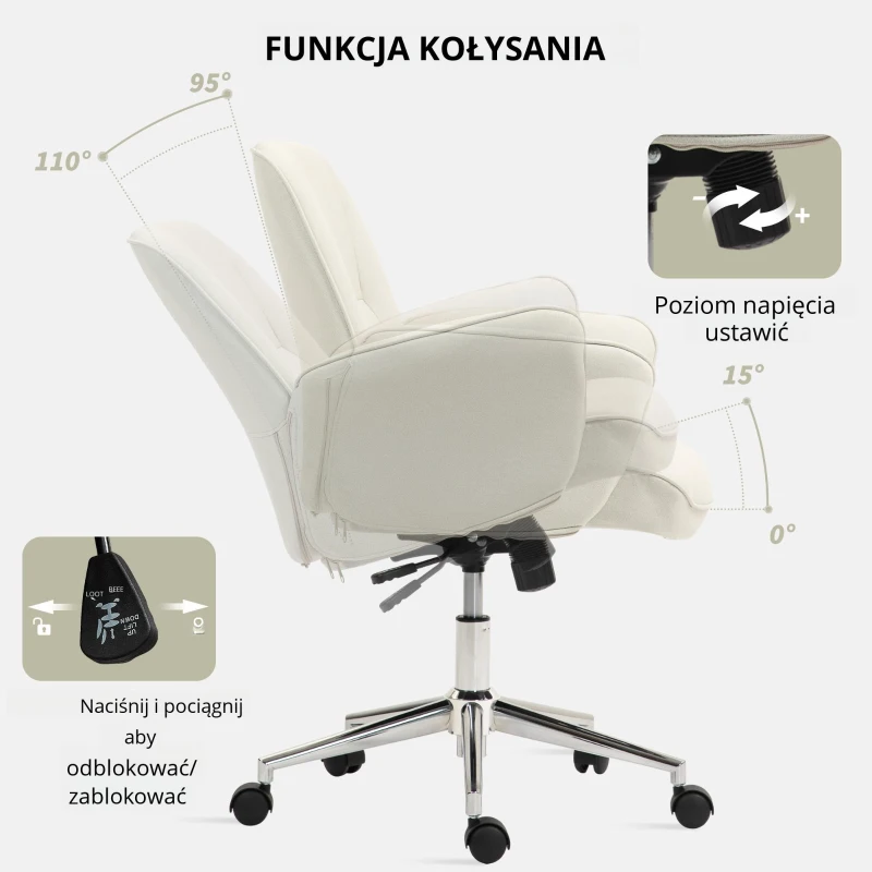 Vinsetto Fotel Biurowy, Regulowana Wysokość, Oddychająca Pokrywa, Funkcja Kołysania, do 120 kg, Kremowy