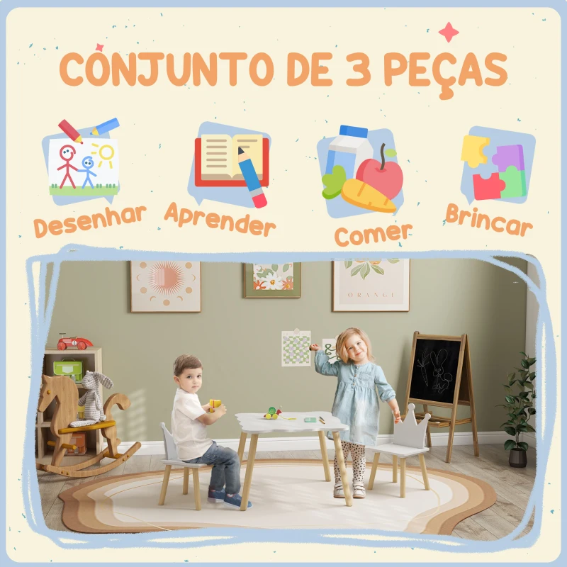 AIYAPLAY Mesa Infantil com 2 Cadeiras com Encosto em Forma de Coroa para Crianças de 3-6 Anos para Sala de Jogos Dormitório Branco