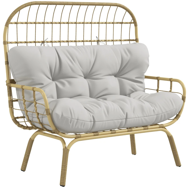 Outsunny Sofa ogrodowe 2-osobowe z podłokietnikami, z poduszką, sofa w stylu rattanowym, wytrzymała do 240 kg, do ogrodu, na balkon, jasnoszary