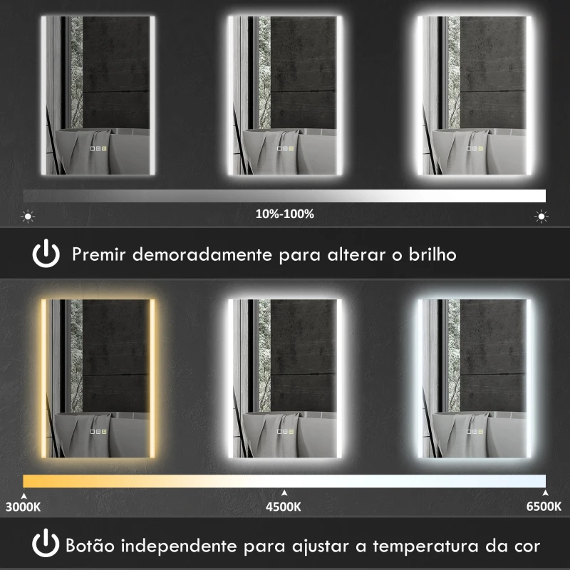 HOMCOM Espelho de Casa de Banho com Luz LED 70x50 cm 3 Cores de Luz Função Antiembaciamento Função de Memória IP44 Prata