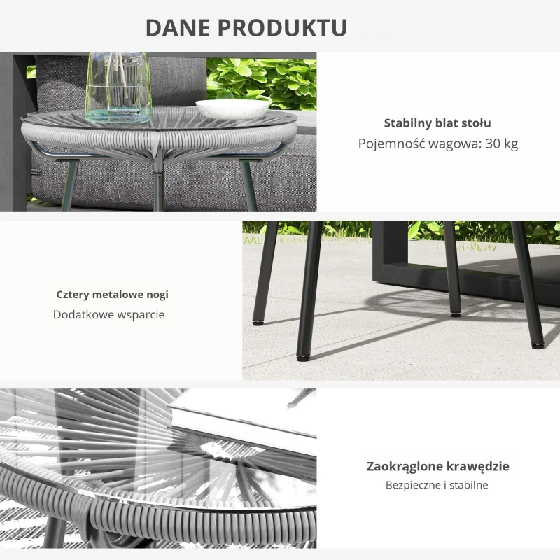 Outsunny Stolik boczny z rattanu, stolik bistro, stolik kawowy z blatem ze szkła, okrągły stolik ogrodowy, na taras, balkon, czarno-szary, 50 x 50 x 50 cm