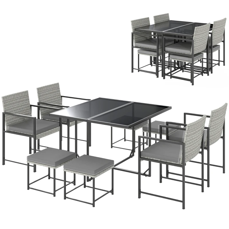 Outsunny Conjunto de Móveis de Jardim de Vime de 9 Peças com Mesa com Vidro Temperado 4 Cadeiras 4 Bancos Cinzento