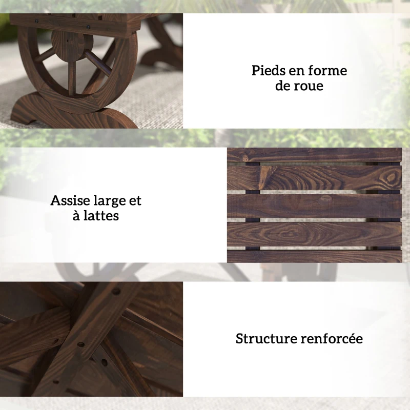 Outsunny Banc de jardin en bois avec assise à lattes, roue décorative, pour patio terrasse balcon arrière-cour, marron