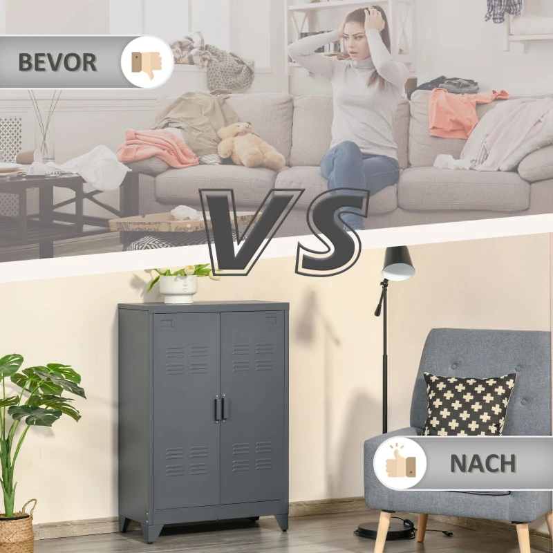 HOMCOM Aktenschrank mit Lamellentüren, Lagerschrank, Metallschrank mit 2 verstellbaren Einlegeböden, 75 x 33 x 110 cm, Grau