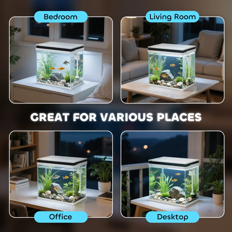 PawHut 26L Glass Fish Tank With Filter System, LED Lights, Water Pump, White